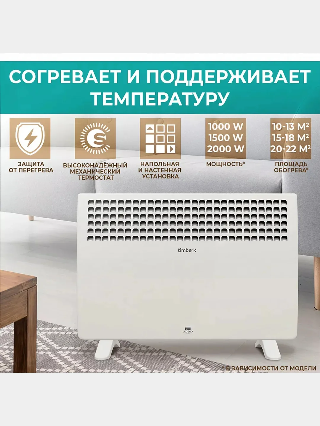 Электрический конвектор Timberk T-EC1000-S1M, 1000Вт, белый
