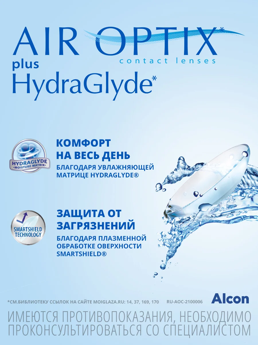 Контактные линзы Air Optix Plus HydraGlyde, 3pk (+3.00) - (-8.00) / BC 8.6