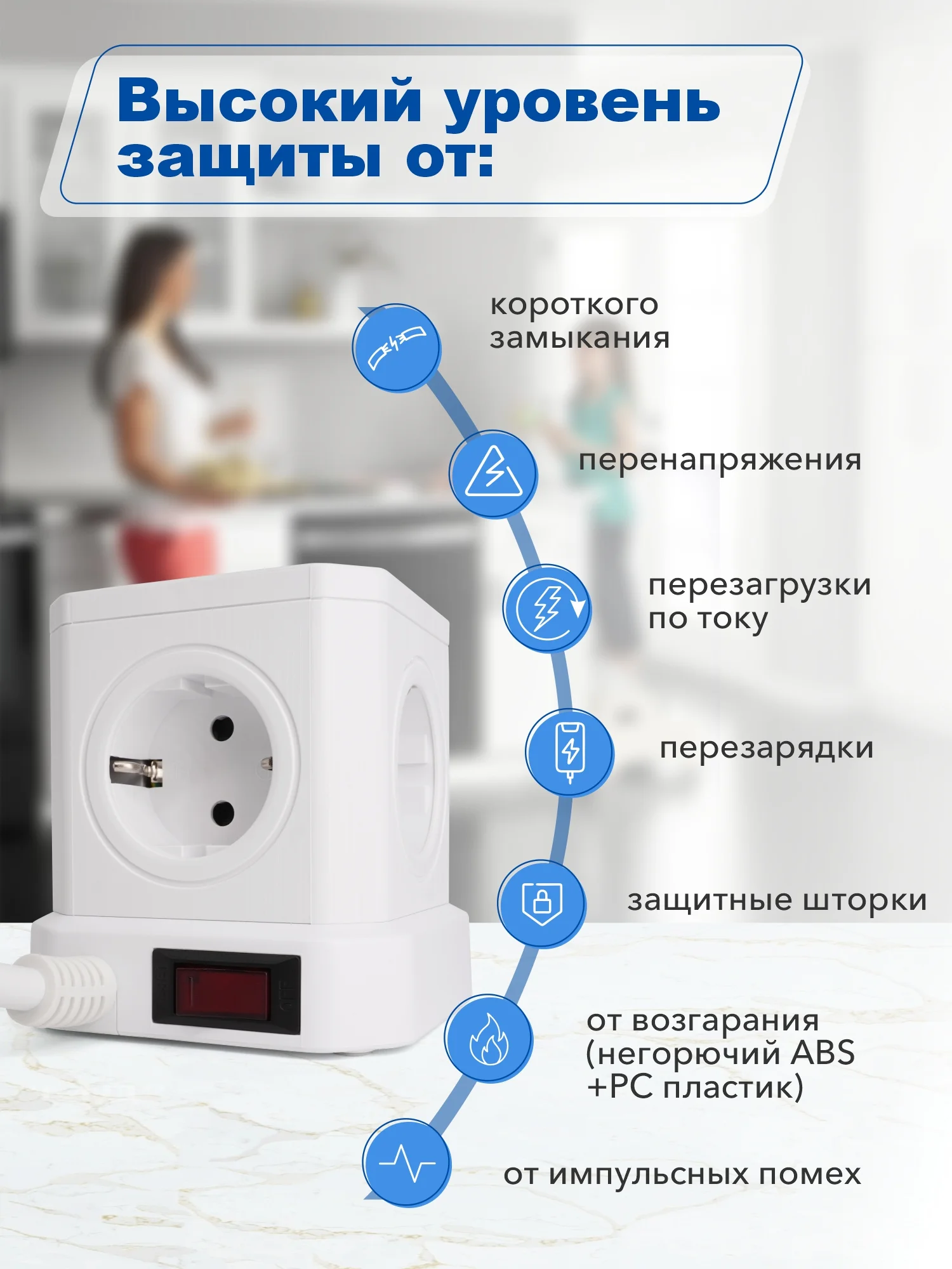 Белый сетевой фильтр с предохранителем, заземлением AGNI 5 розеток, 220V, 3USB 2.4A, 1TYPE-C 20W