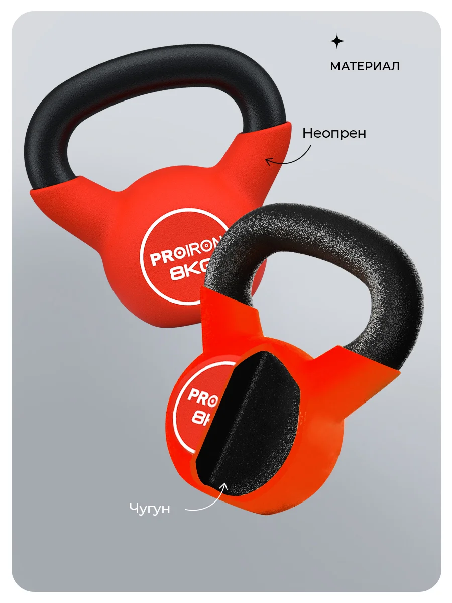 Гиря 8 кг, чугунная, неопреновая, PROIRON, для фитнеса, красная