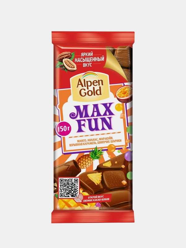 Шоколад AlpenGold Max Fun взрывная карамель, шипучие шарики 140 г