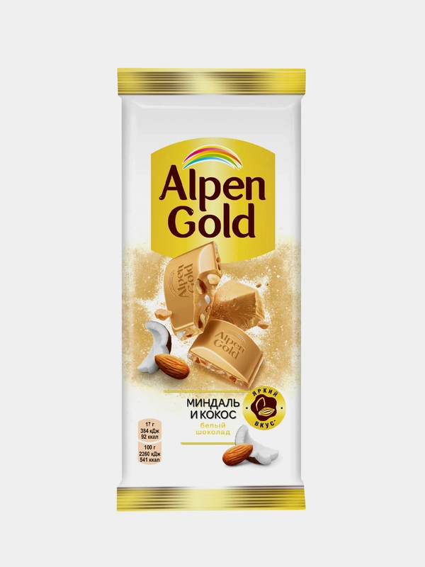 Шоколад белый Alpen Gold, миндаль и кокос, 80 г