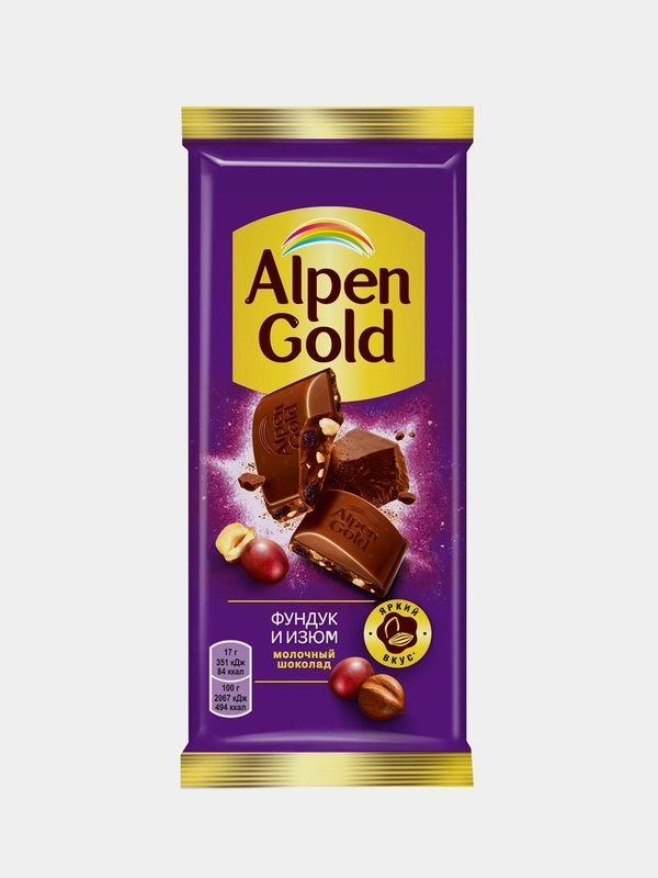 Шоколад Alpen Gold молочный, Фундук и изюм, 80 г