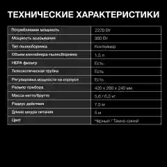 Пылесос Hyundai HYV-C3955, 2220Вт, фиолетовый/черный