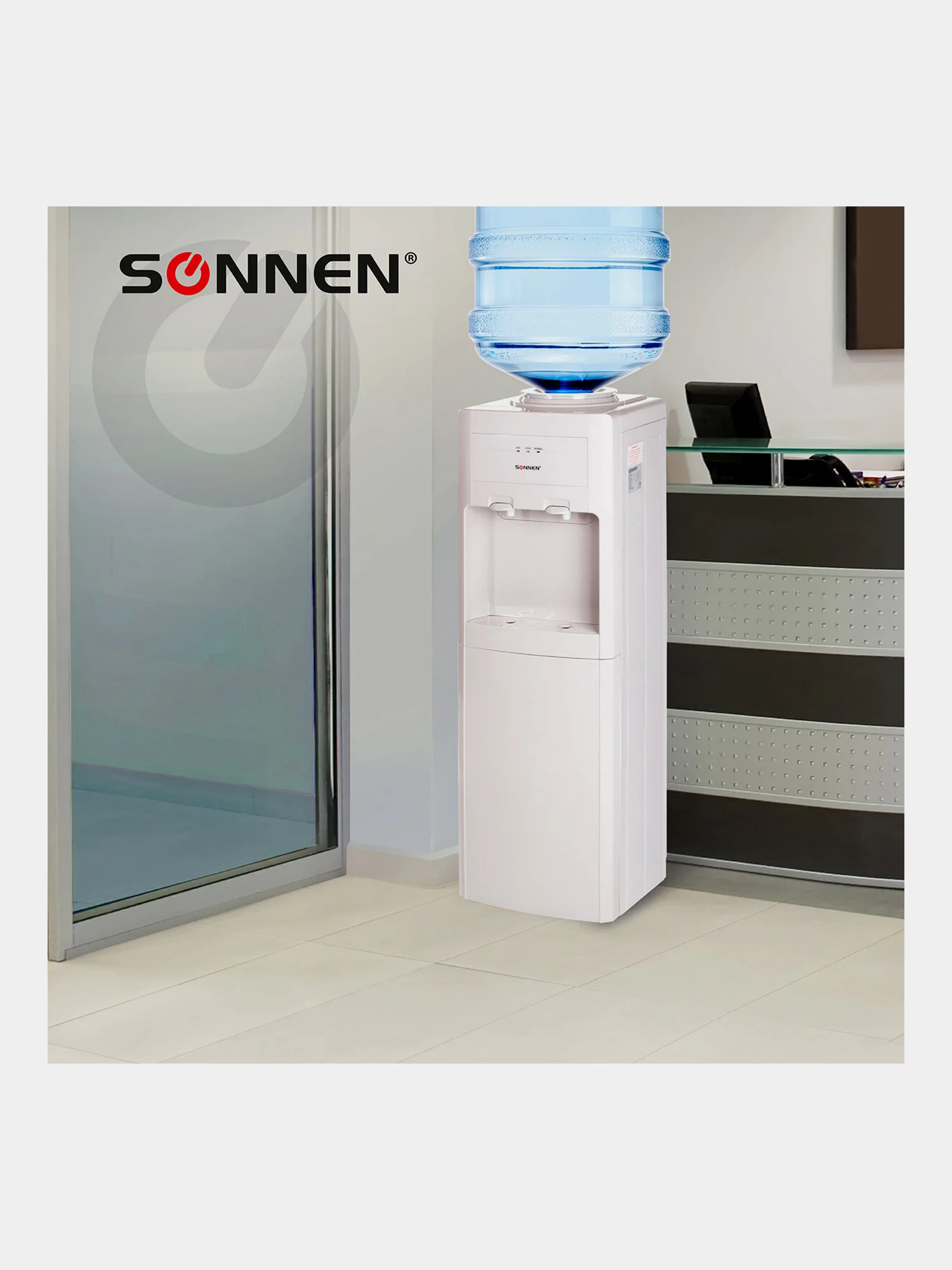 Кулер для воды SONNEN FSE-02, напольный, НАГРЕВ/ОХЛАЖДЕНИЕ ЭЛЕКТРОННОЕ, шкаф, 2 крана