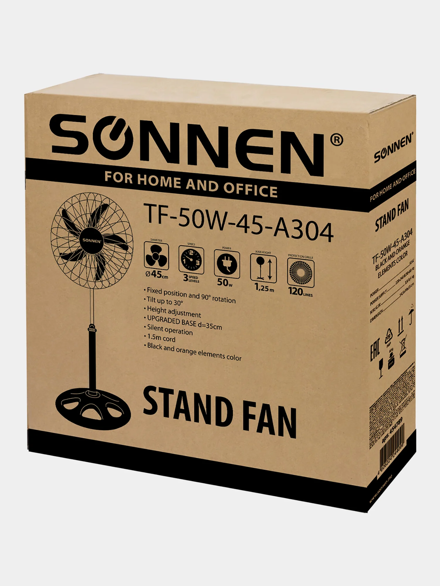 Вентилятор напольный, 3 режима, SONNEN TF-50W-45-А304, d=45 см, 50Вт, черный, 454789
