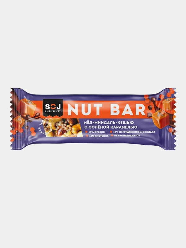 Ореховый батончик SOJ NUT BAR Мед-миндаль-кешью, с соленой карамелью, 40 г