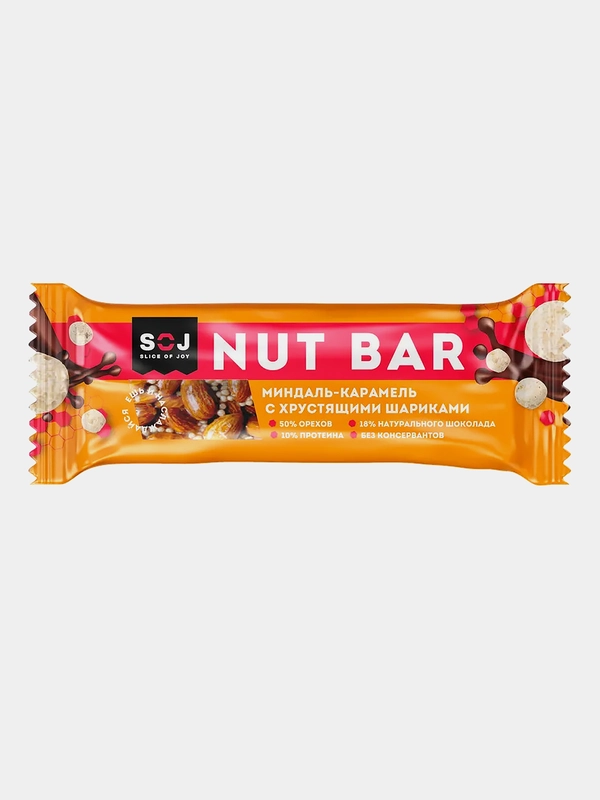 Ореховый батончик SOJ NUT BAR Миндаль-карамель, с хрустящими шариками, 40 г