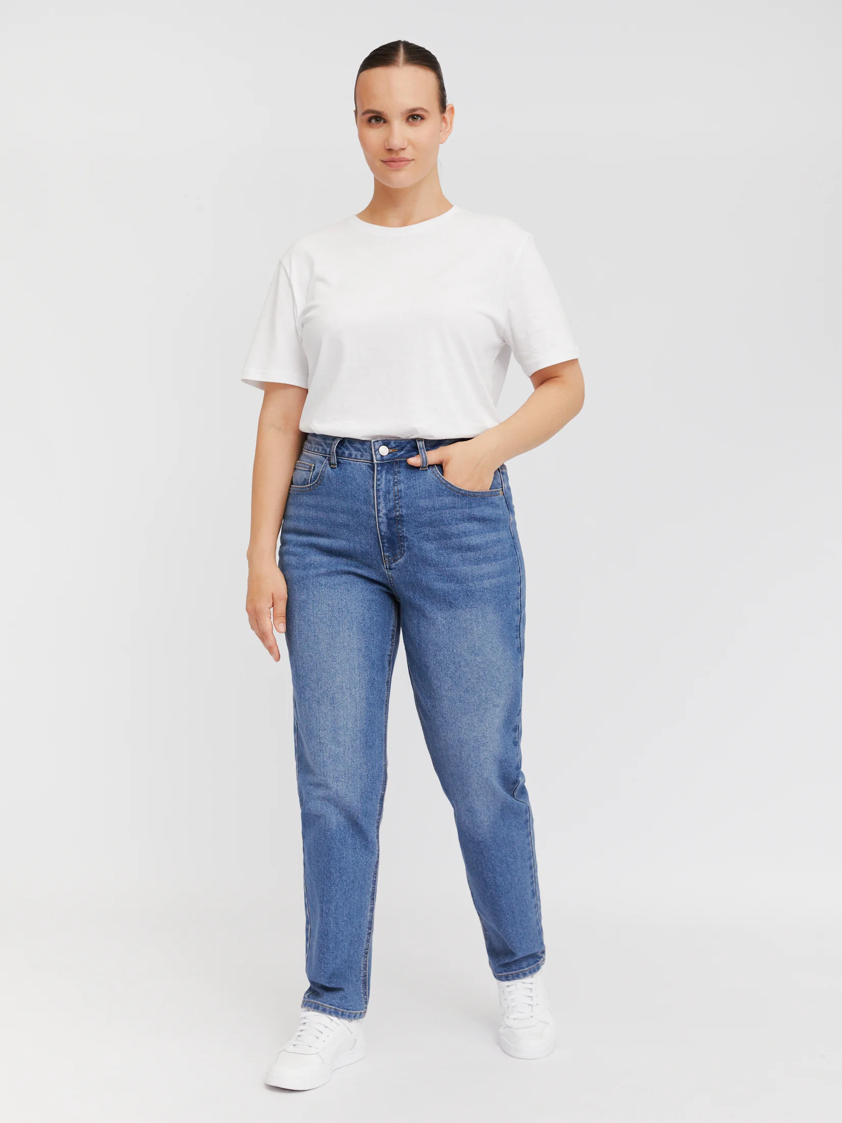 Синий женские высокие джинсы Mom Comfort