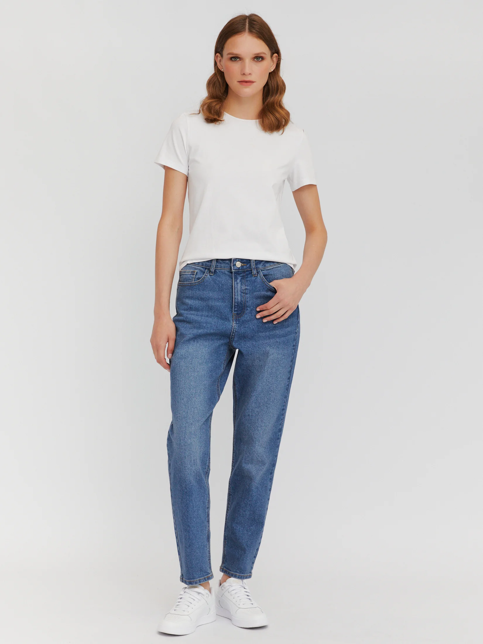 Синий женские высокие джинсы Mom Comfort