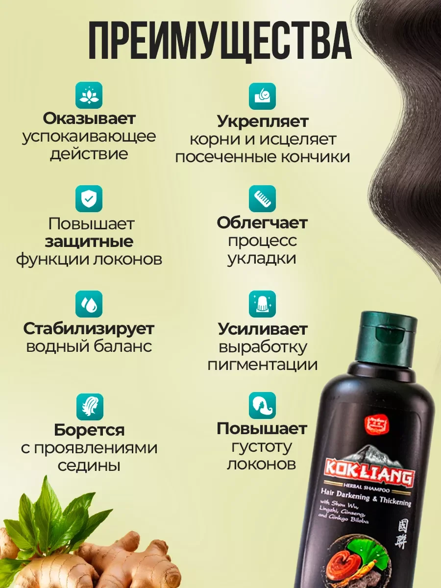 Тайский сульфатный шампунь KOKLIANG от выпадения для темных волос, 200 мл