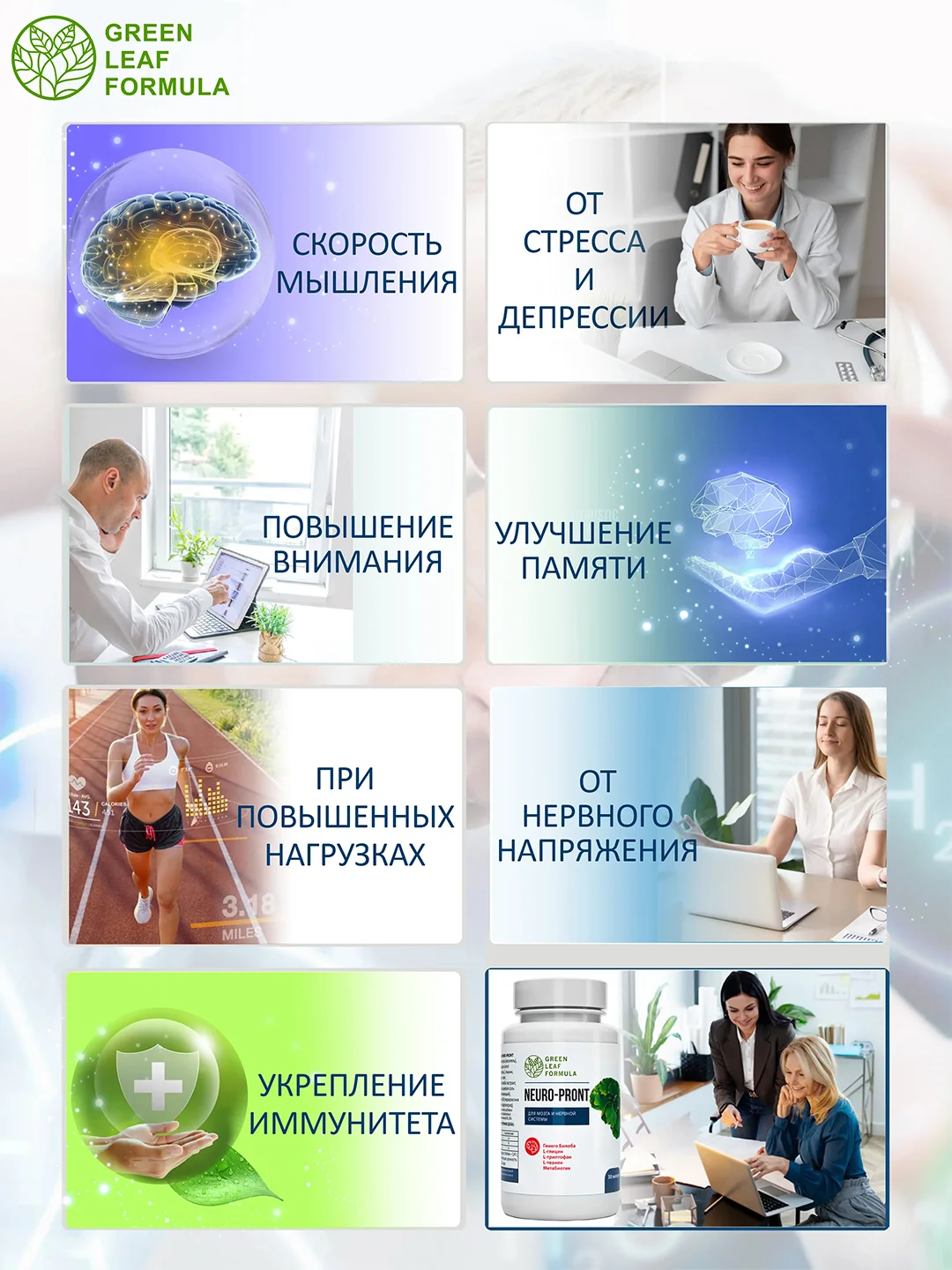 Витамины для взрослых Green Leaf Formula Neuro-Pront, для мозга и ЦНС, 30 капсул