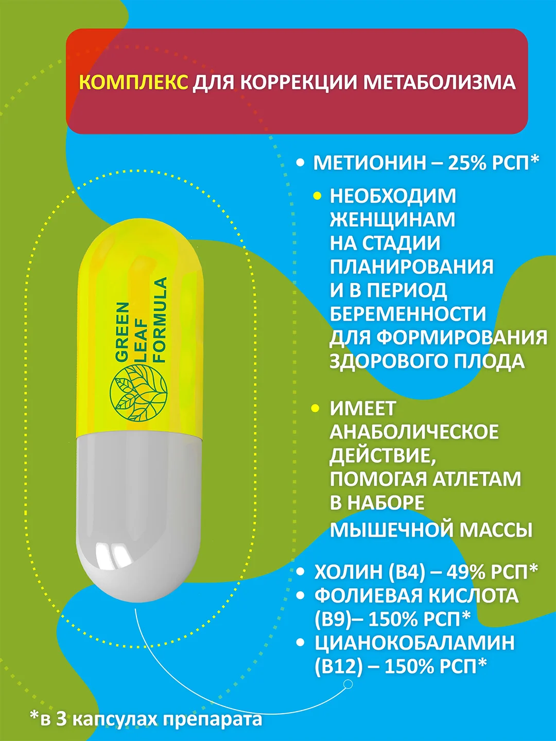 Метионин с фолиевой кислотой Green Leaf Formula, для коррекции метаболизма, 60 капсул