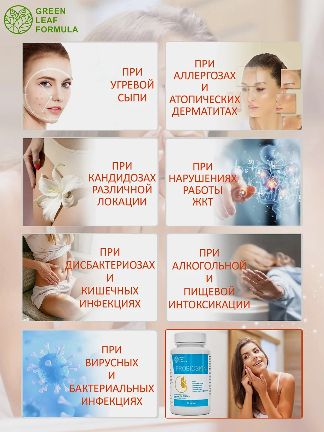 Капсулы PROBIOSKIN Green Leaf Formula, для здоровья кожи, слизистых и кишечника, 60 капсул