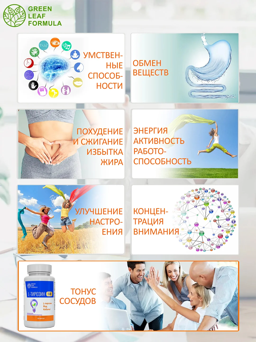 БАД Green Leaf Formula L-тирозин 500, с йодом и кобальтом, 60 капсул