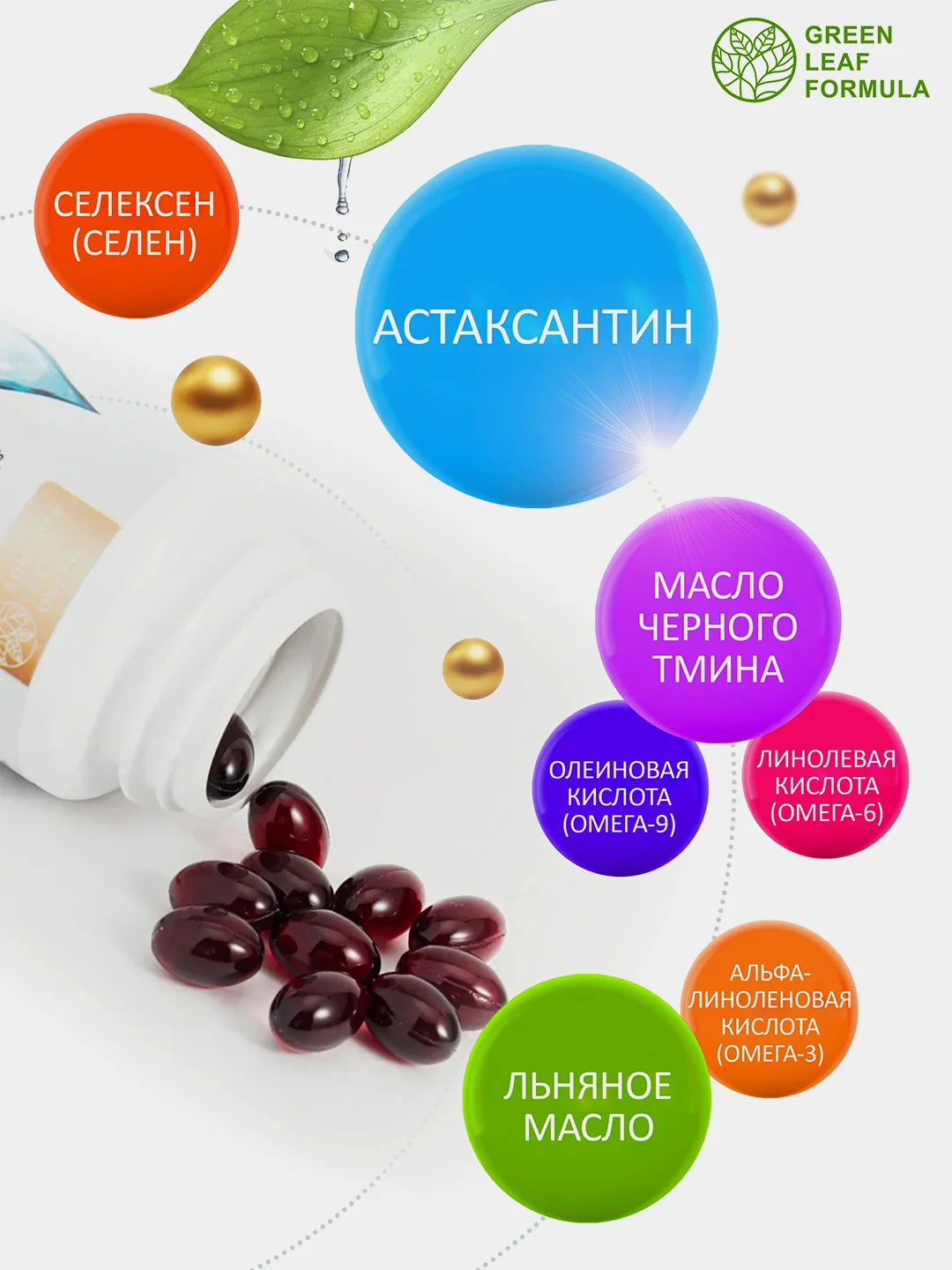 Астаксантин, селен и Омега-3 Green Leaf Formula, антиоксиданты, 30 капсул