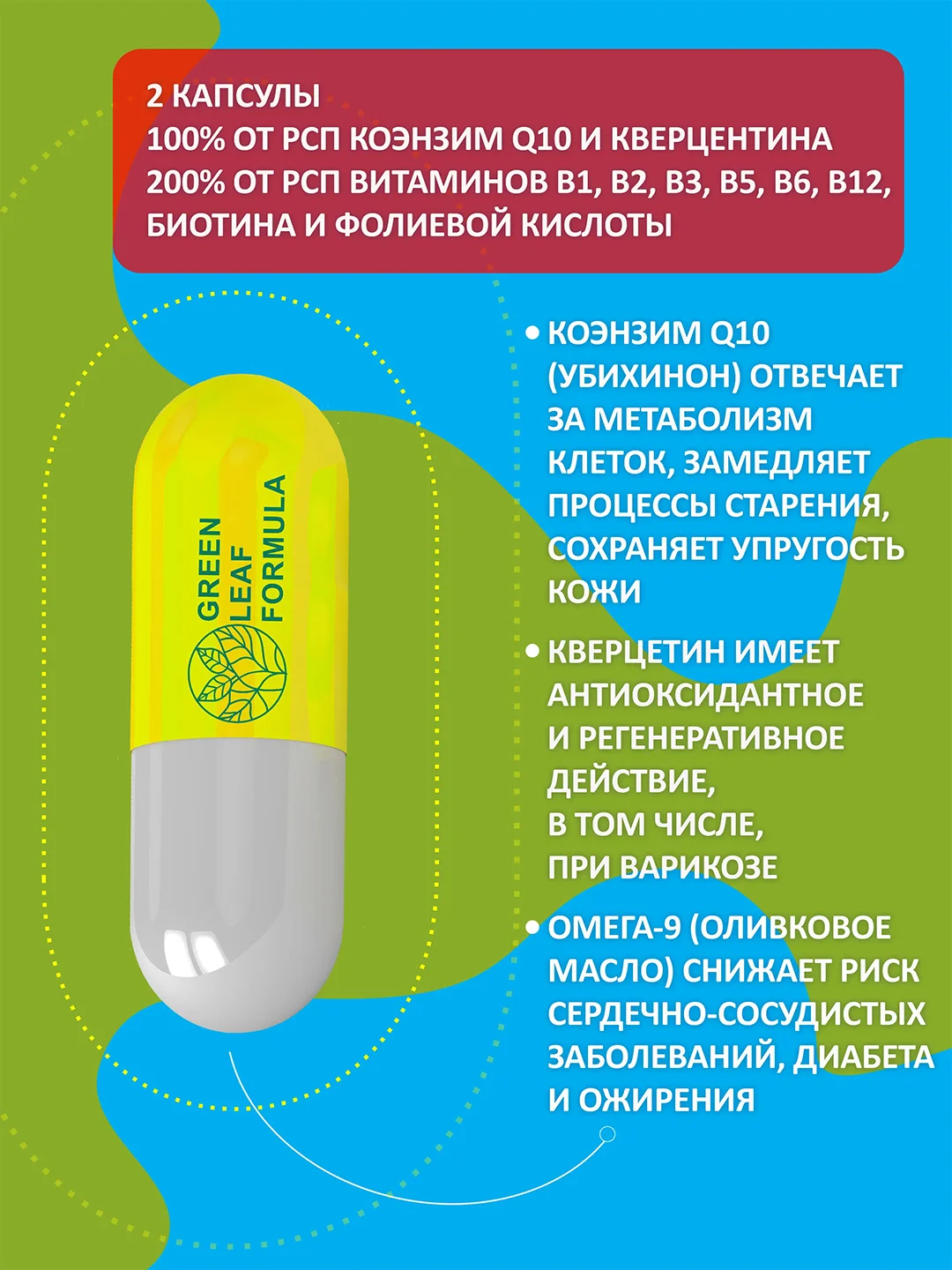 Коэнзим Q10 с биотином Green Leaf Formula, для сердца, сосудов и кожи, 60 капсул
