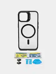 Черный чехол с подставкой и защитой камер для iPhone Айфон 11, 12, 13, 14, 15, Pro, Pro Max, Plus