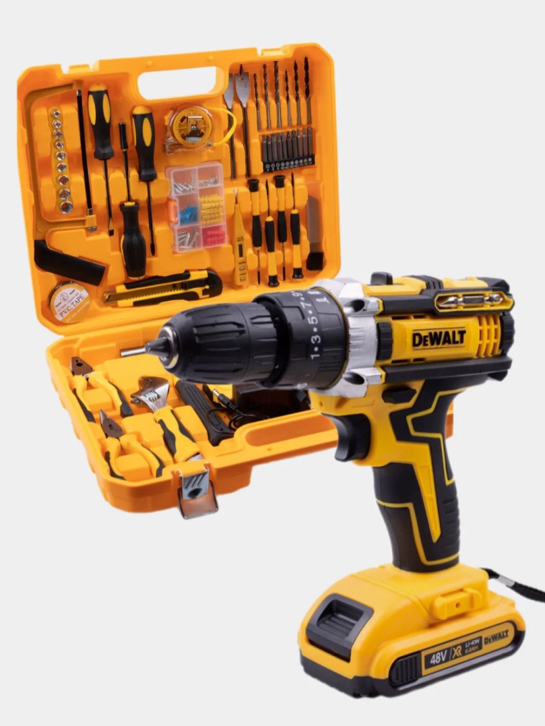 Черный дрель-шуруповерт аккумуляторный DeWalt, 21V / 48V с набором инструментов