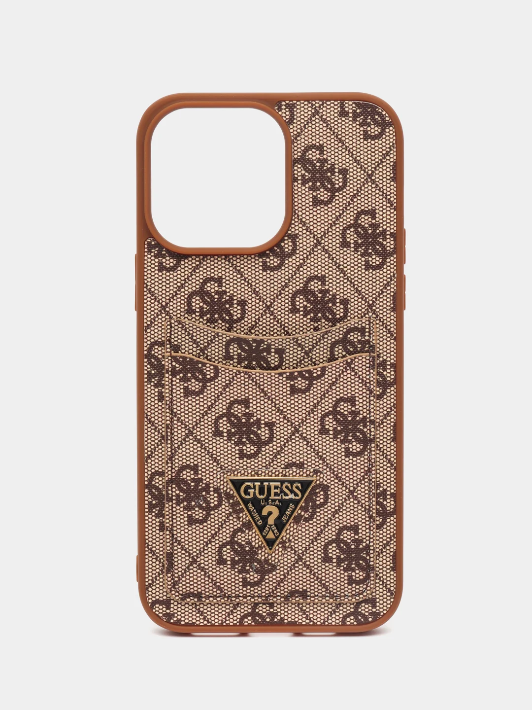 Коричневый чехол Guess PU leather для iPhone 14 Pro Мах из экокожи с картхолдером, коричневый