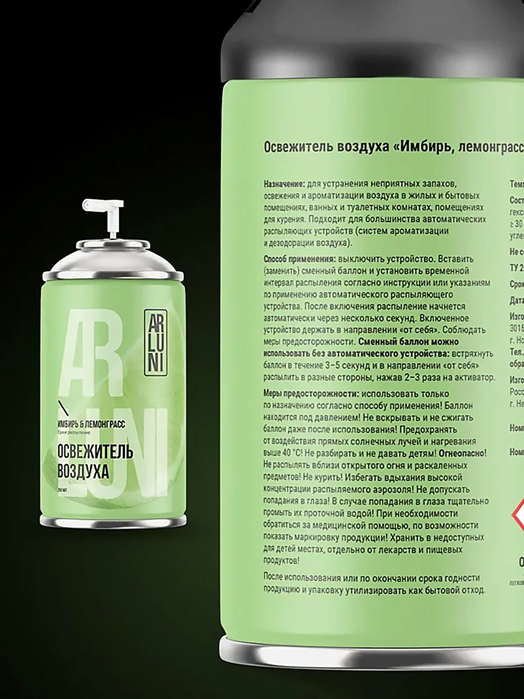 Освежитель воздуха Arluni "Имбирь & лемонграсс", сменный аэрозольный баллон, 250 мл