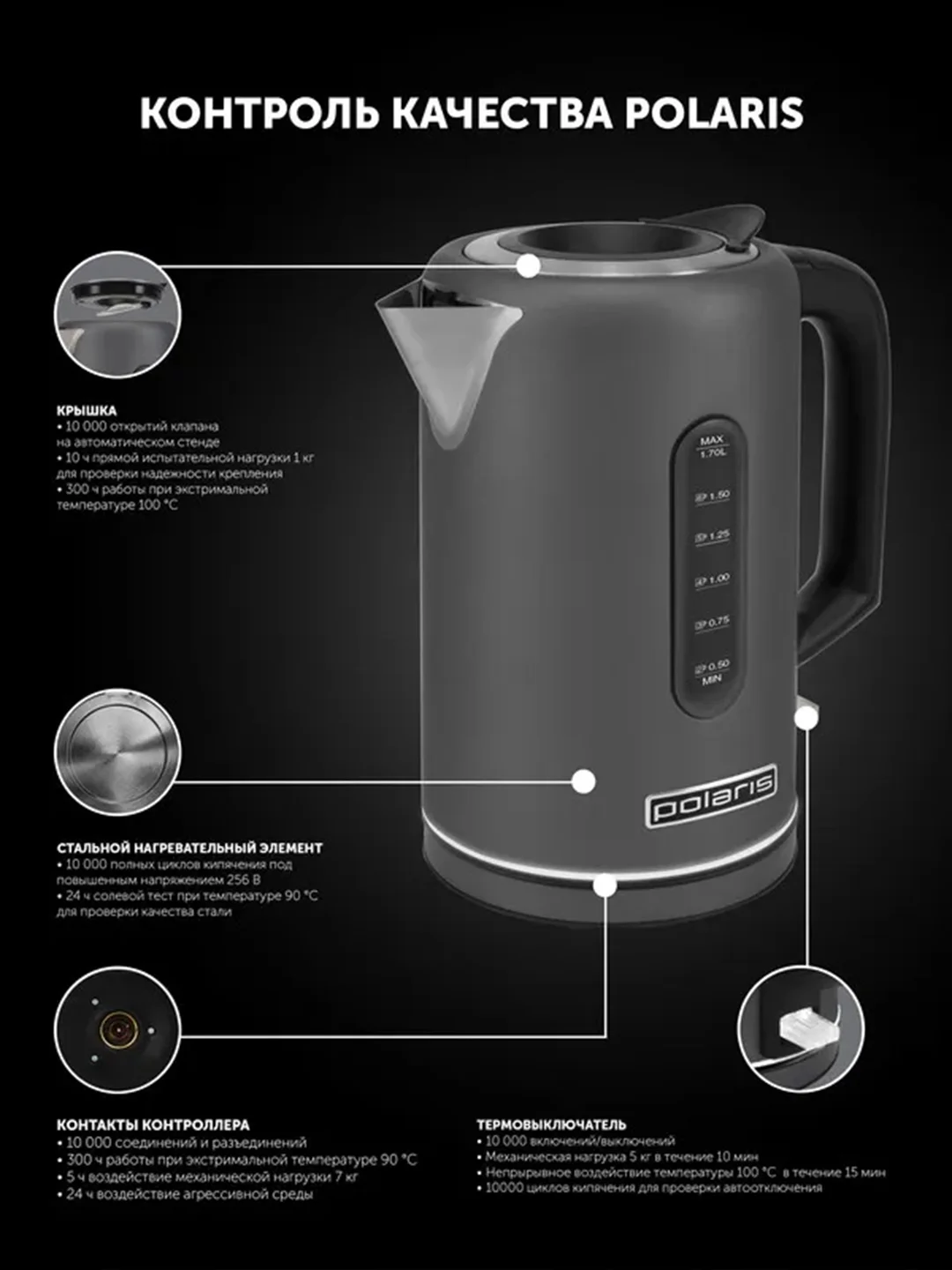 Электрический чайник Polaris PWK 1729CA Water Way Pro, с подсветкой, графитовый, 1,7 л