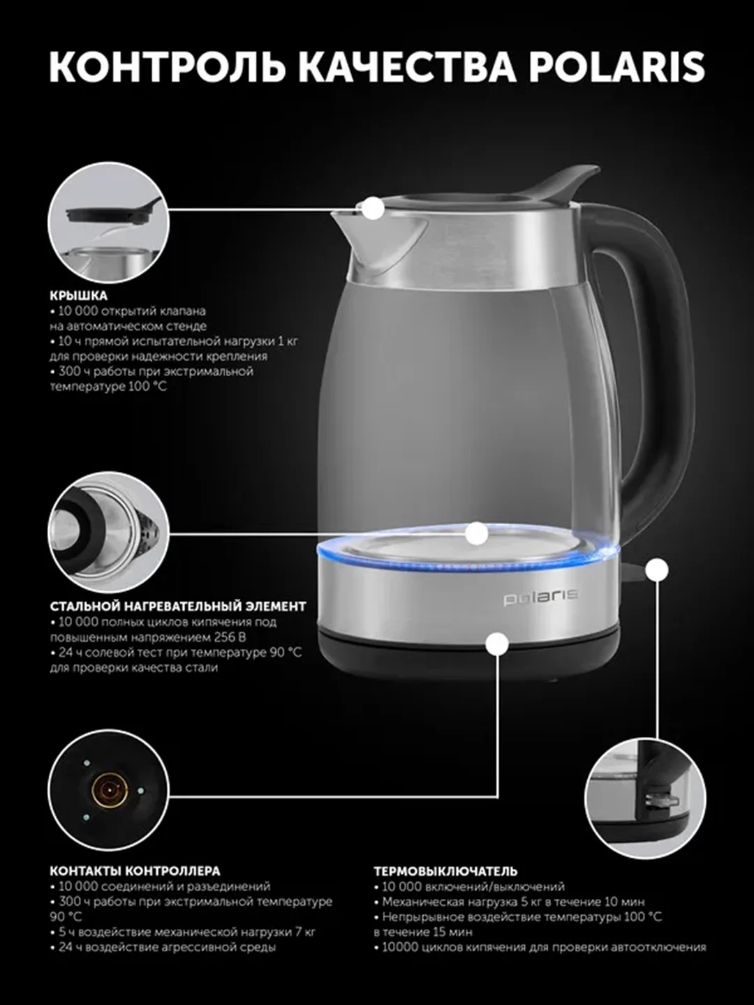Электрический чайник Polaris PWK 1817CGL Water Way Pro, стеклянный, с подсветкой, 1850 Вт