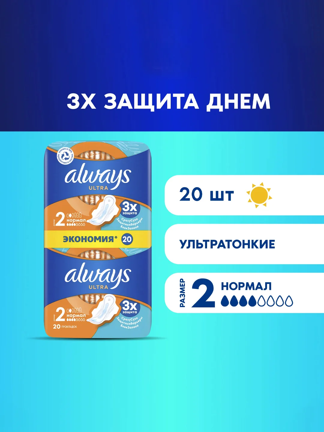 Женские гигиенические прокладки с крылышками Always Ultra Нормал, размер 2, 20 штук