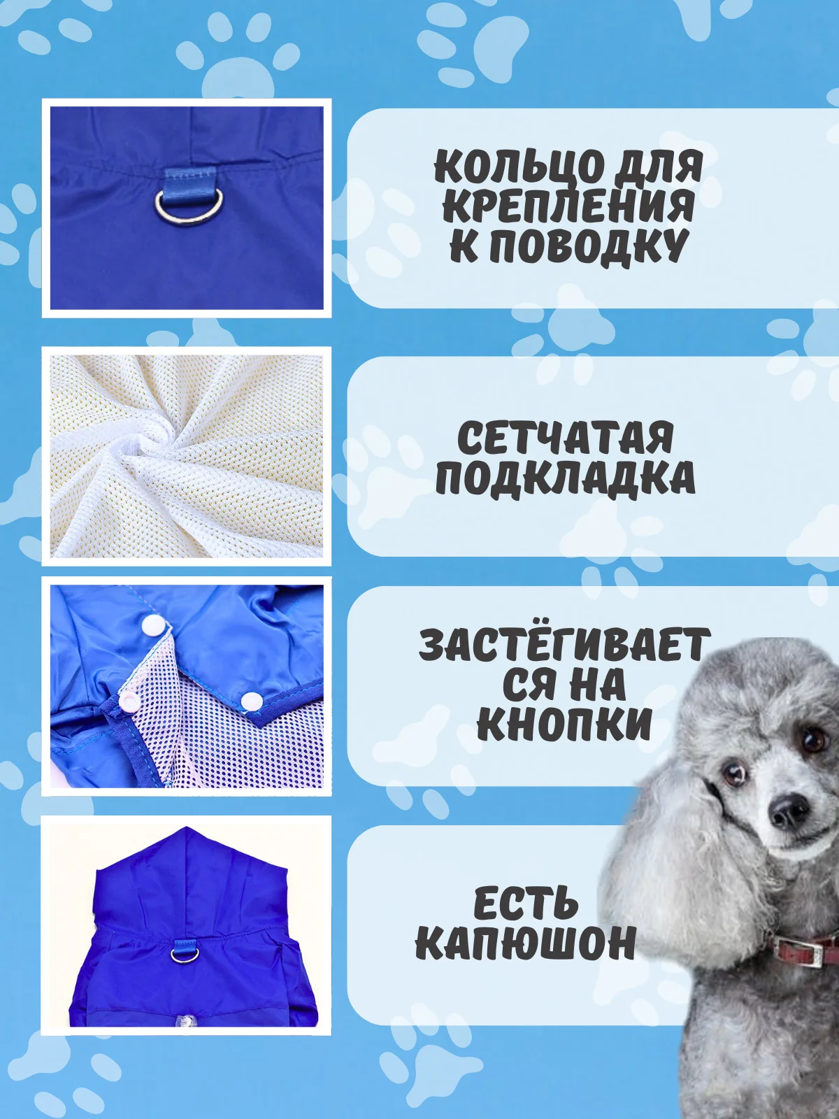 Синий комбинезон дождевик с капюшоном для собак, 4 цвета