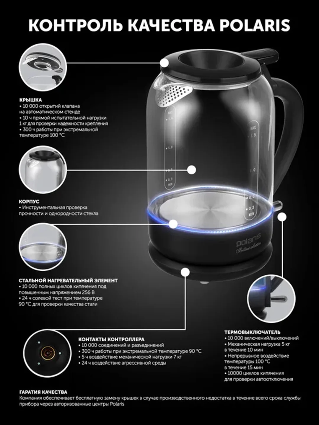 Черный чайник электрический Polaris PWK 1753CGL, стеклянный, с подсветкой, 1,5 л