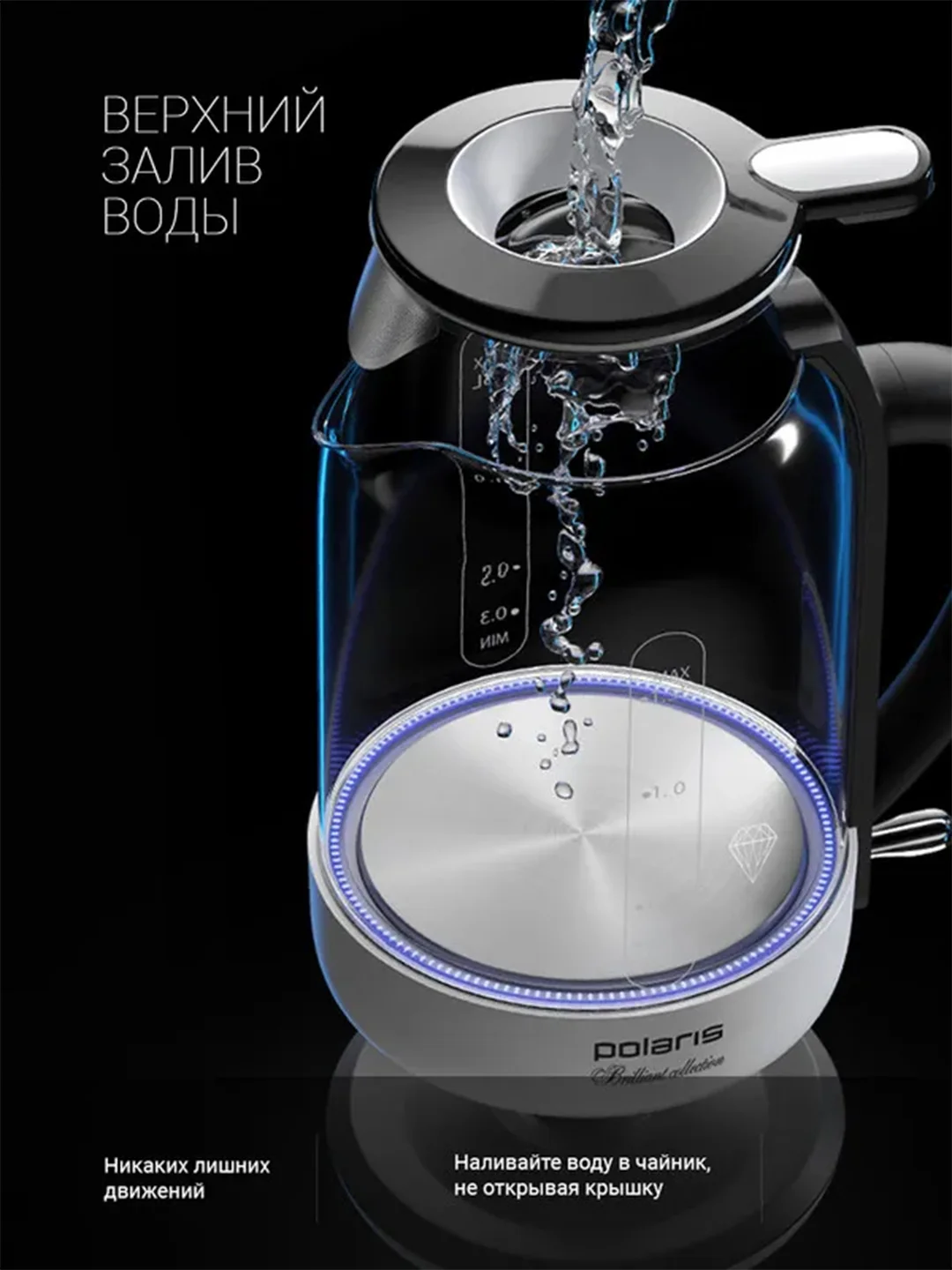 Белый чайник электрический Polaris PWK 1753CGL, стеклянный, с подсветкой, 1,5 л