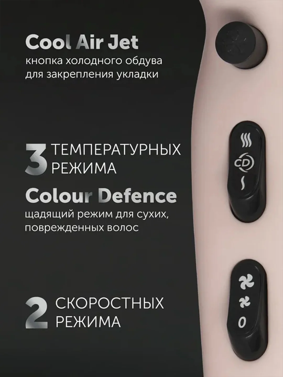 Розовый фен для волос Polaris PHD 2600ACi Salon Hair, с концентратором и диффузором, 2600 Вт
