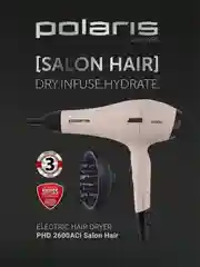 Розовый фен для волос Polaris PHD 2600ACi Salon Hair, с концентратором и диффузором, 2600 Вт