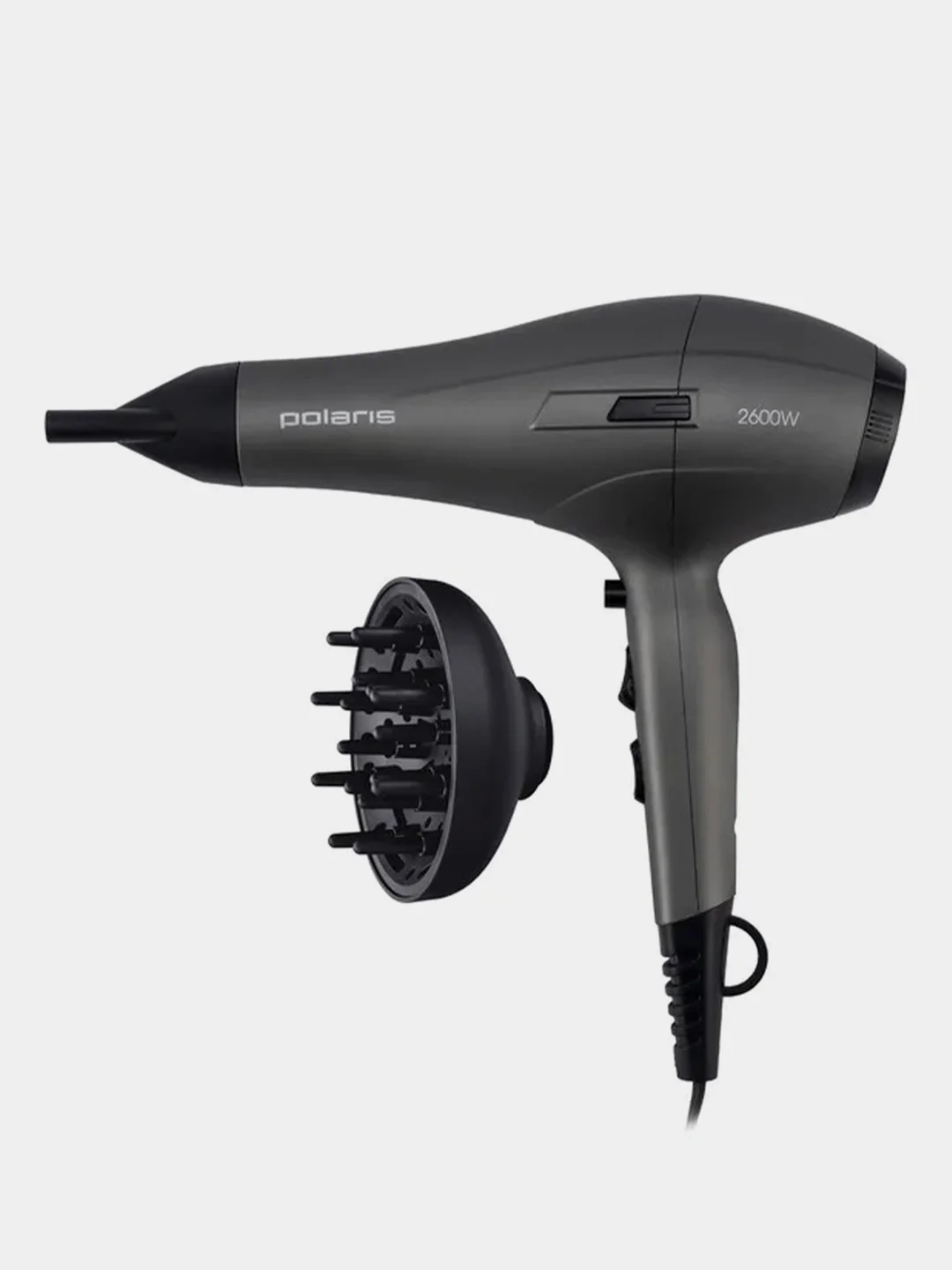 Серый фен для волос Polaris PHD 2600ACi Salon Hair, с концентратором и диффузором, 2600 Вт