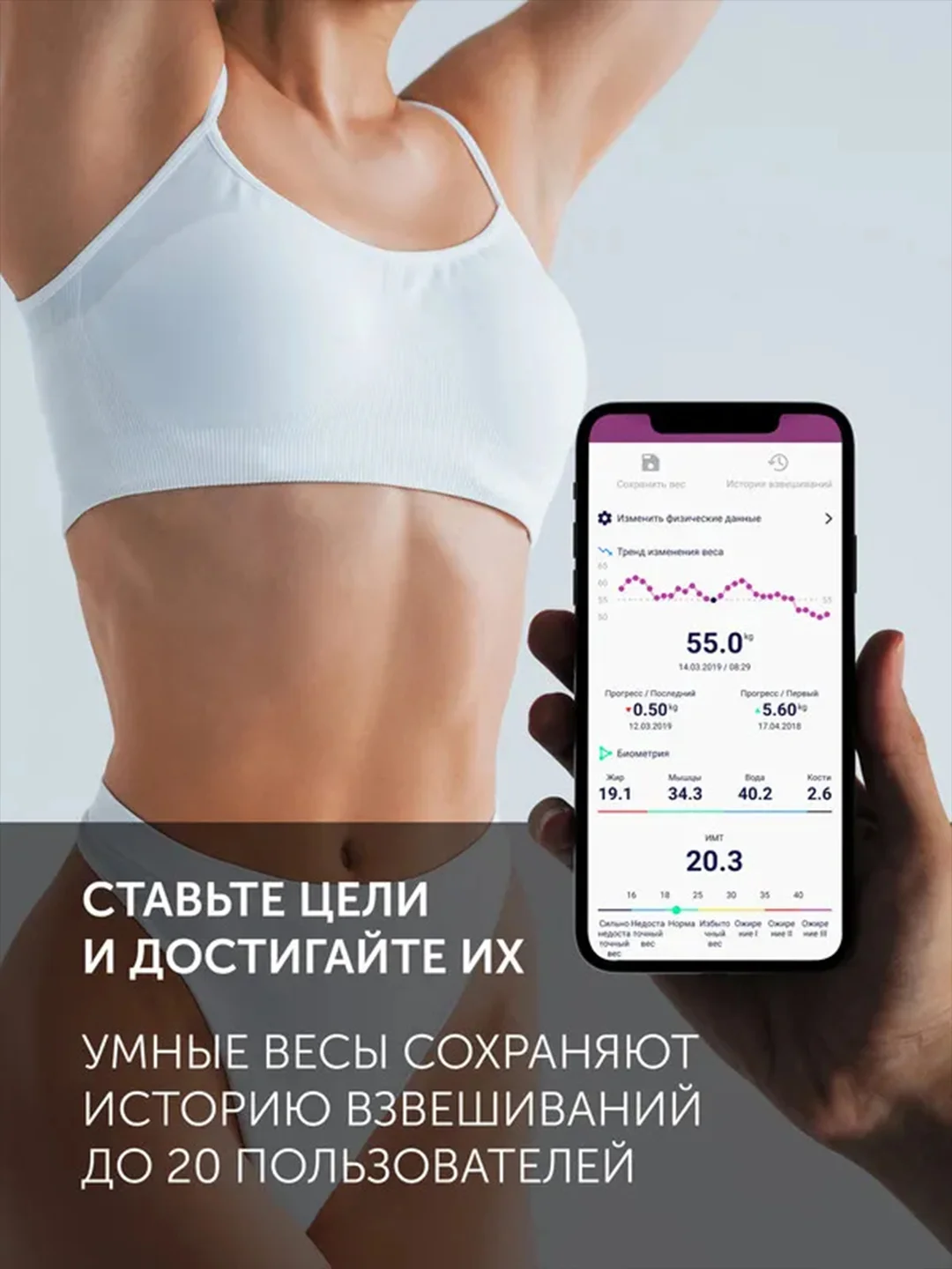 Белый напольные весы Polaris PWS 1898 IQ Home, 14 различных параметров массы тела, серые