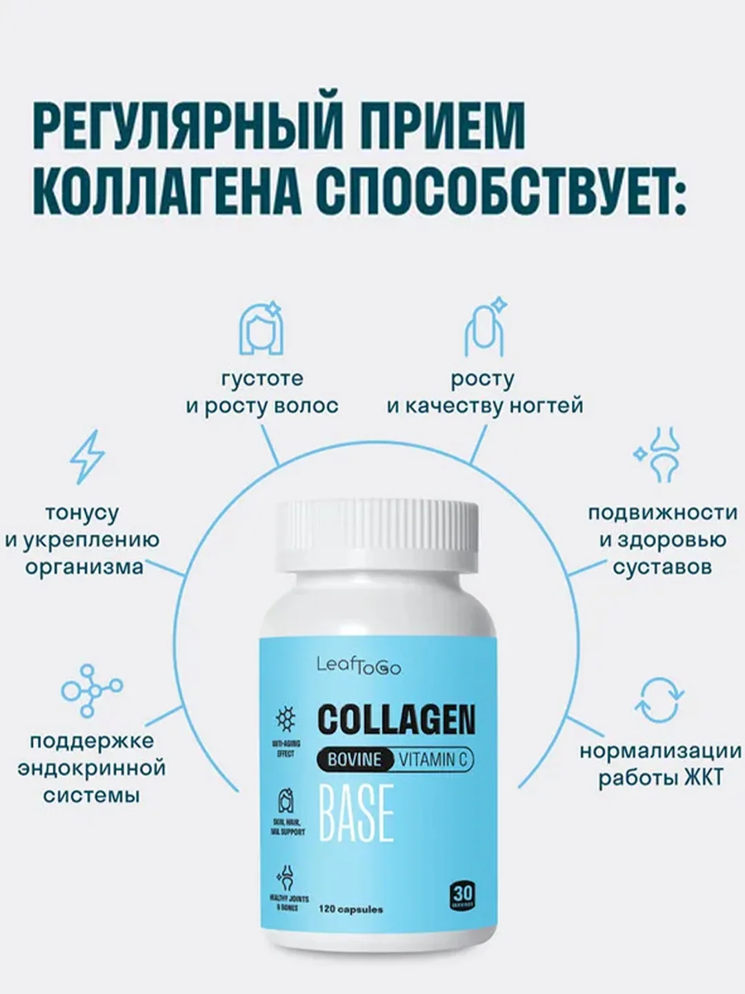 Пептидный коллаген LeafToGo, с витамином С, 120 капсул