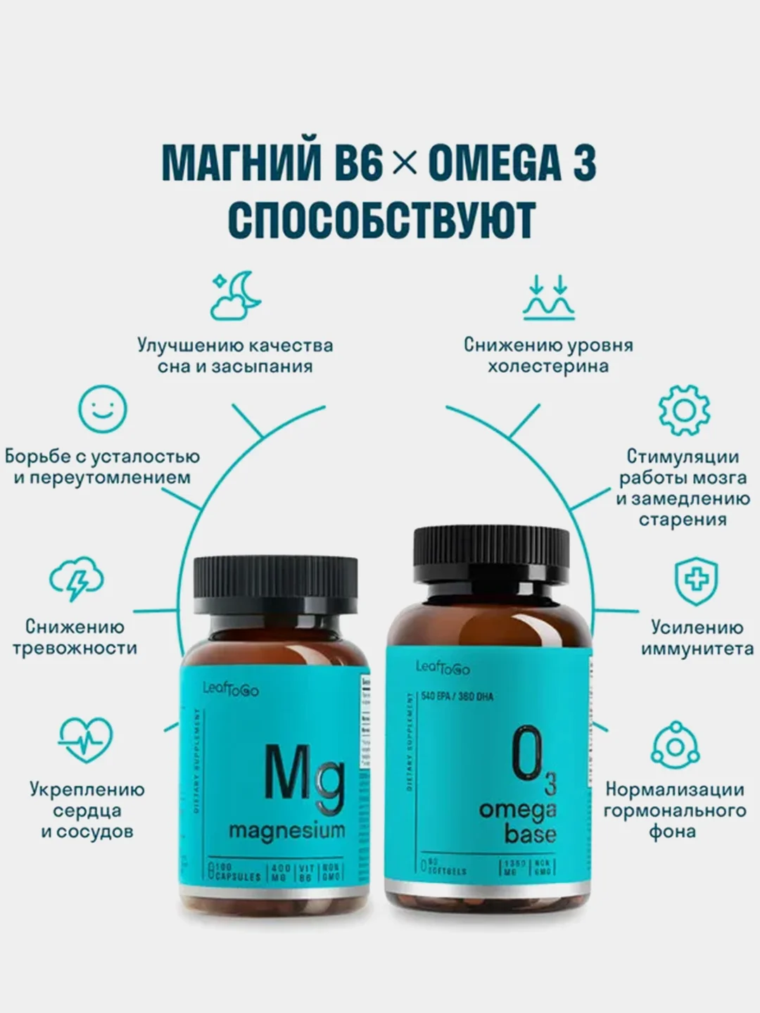 БАД к пище LeafToGo Магний B6 + Омега 3, 100 и 90 капсул
