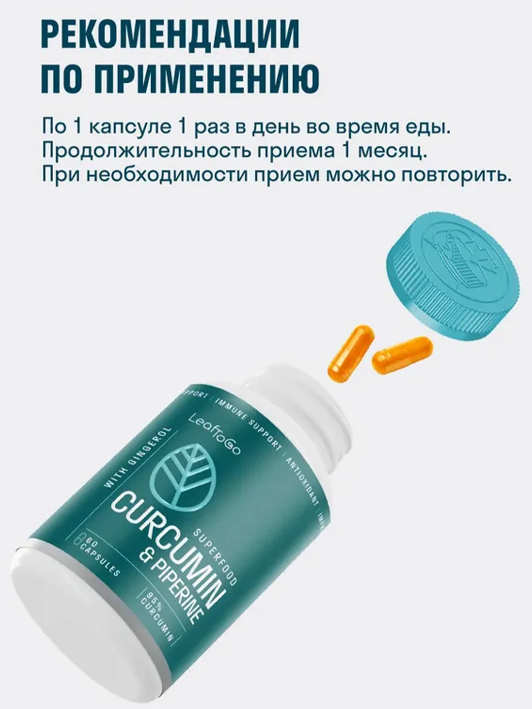 LeafToGo Куркумин, с пиперином и имбирем, 60 капсул