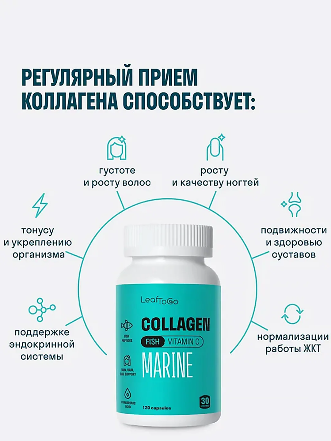 Коллаген пептидный LeafToGo, морской, 120 капсул