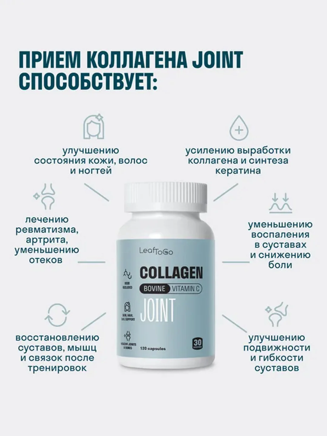 Пептидный коллаген LeafToGo Joint, с витамином С и метилсульфонилметаном (MSM), 120 капсул