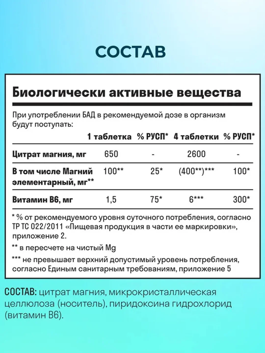 БАД к пище LeafToGo Магния цитрат, с витамином B6, 650 мг, 60 таблеток