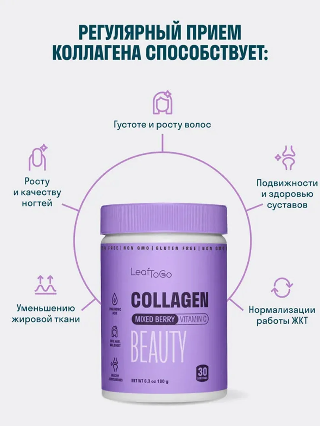 Коллаген пептидный LeafToGo Beauty, порошок, с гиалуроновой кислотой и витамином С, 180 г