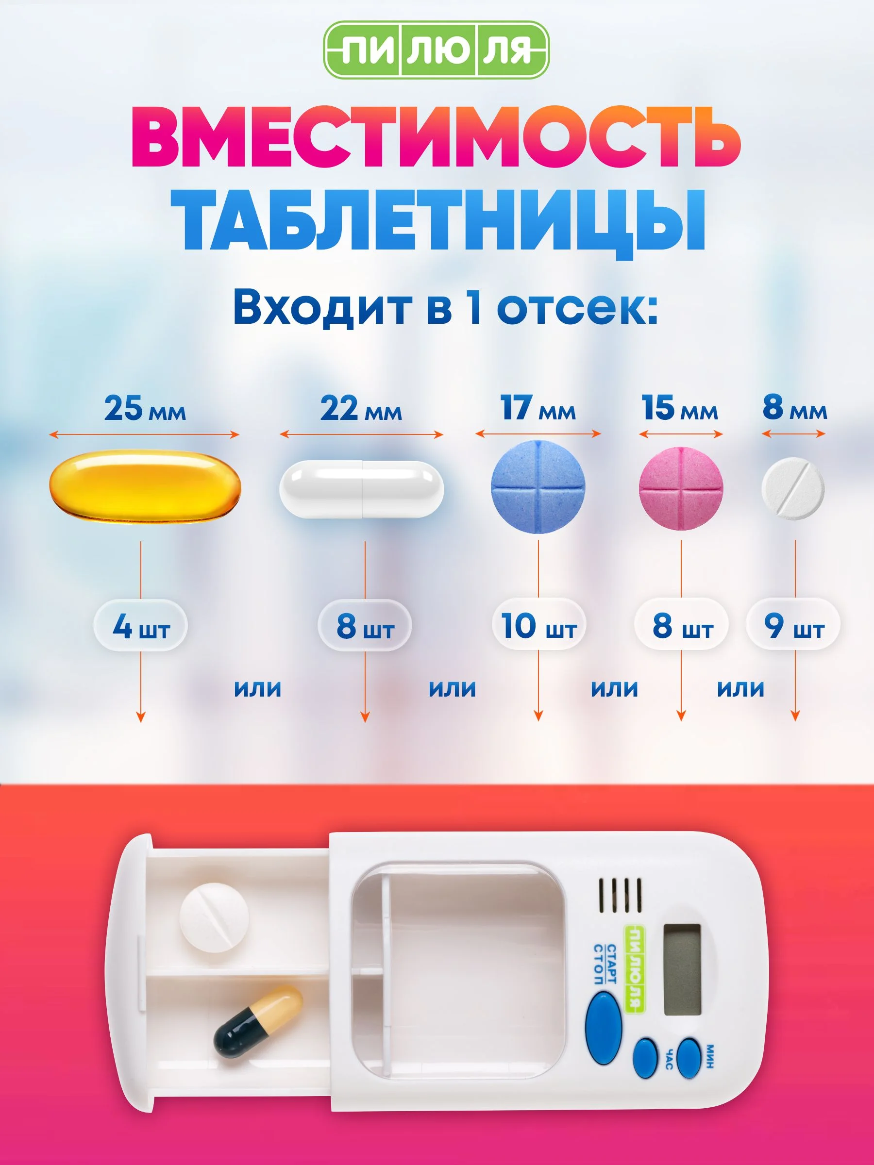 Таблетница Пилюля Электронная с таймером с 2 отделениями