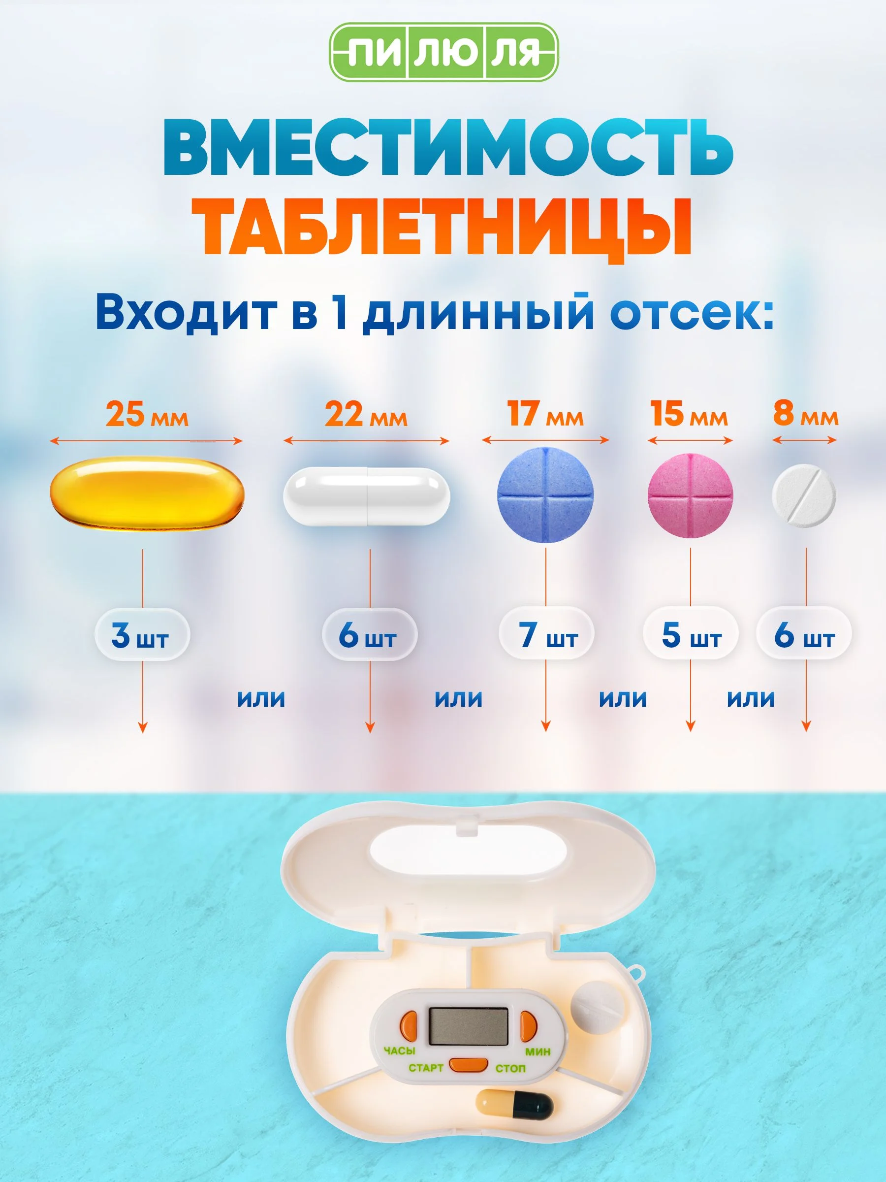 Таблетница Пилюля Электронная с таймером с 3 отделениями