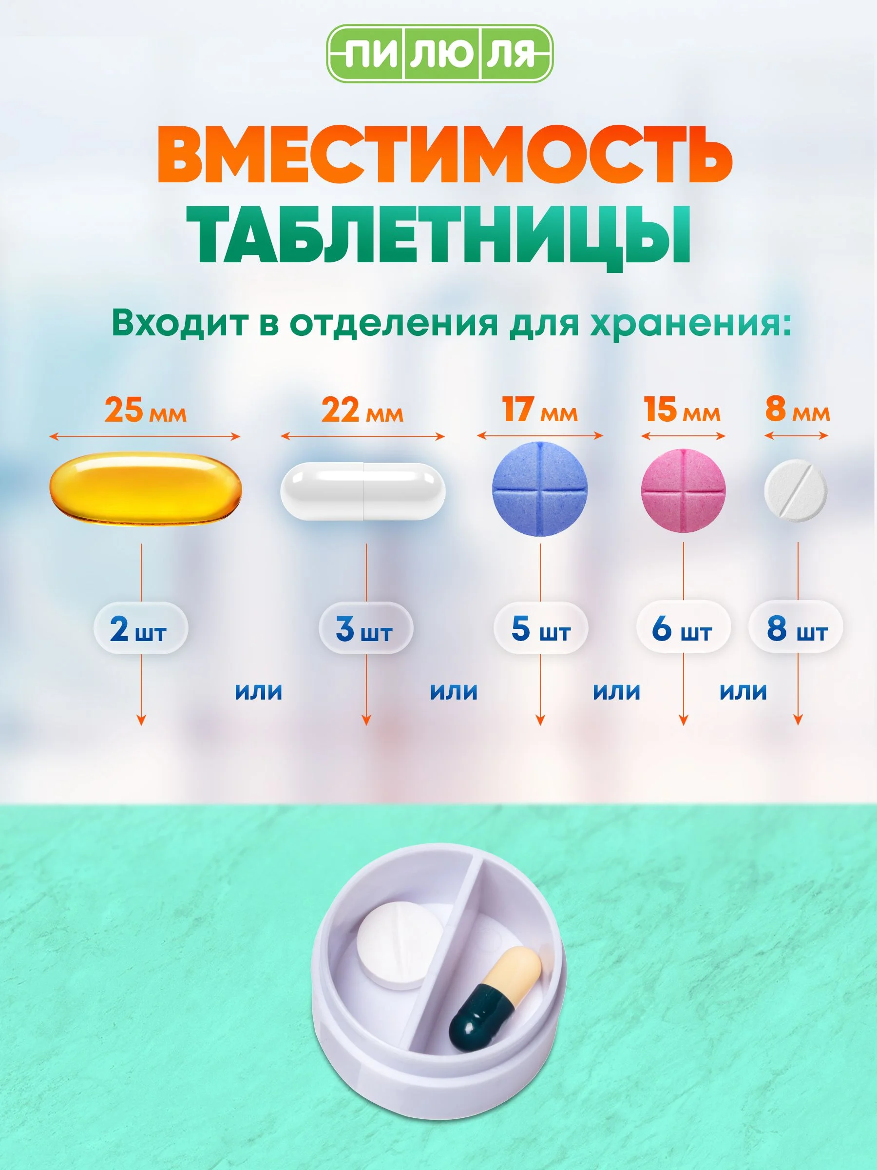 Таблетница Пилюля С делителем, размельчителем и мензуркой