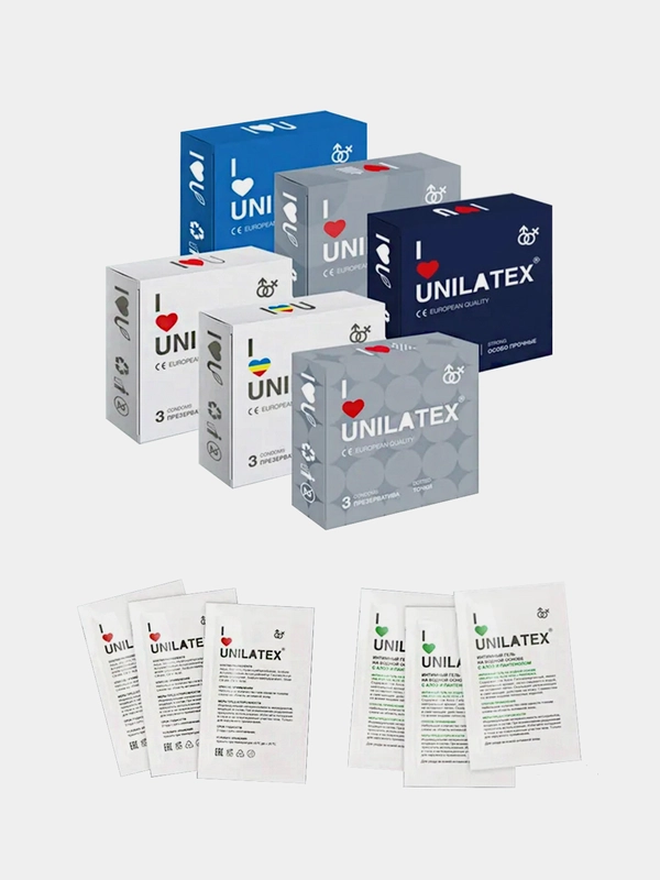 Промо-набор UNILATEX Презервативы 6 упаковок по 3 штуки + Лубрикант 6 сашетов по 5 мл