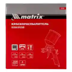Краскораспылитель пневм. с верх. бачком V 0.6 л, сопло D 1.2, 1.5 и 1.8 мм, Matrix, 57314