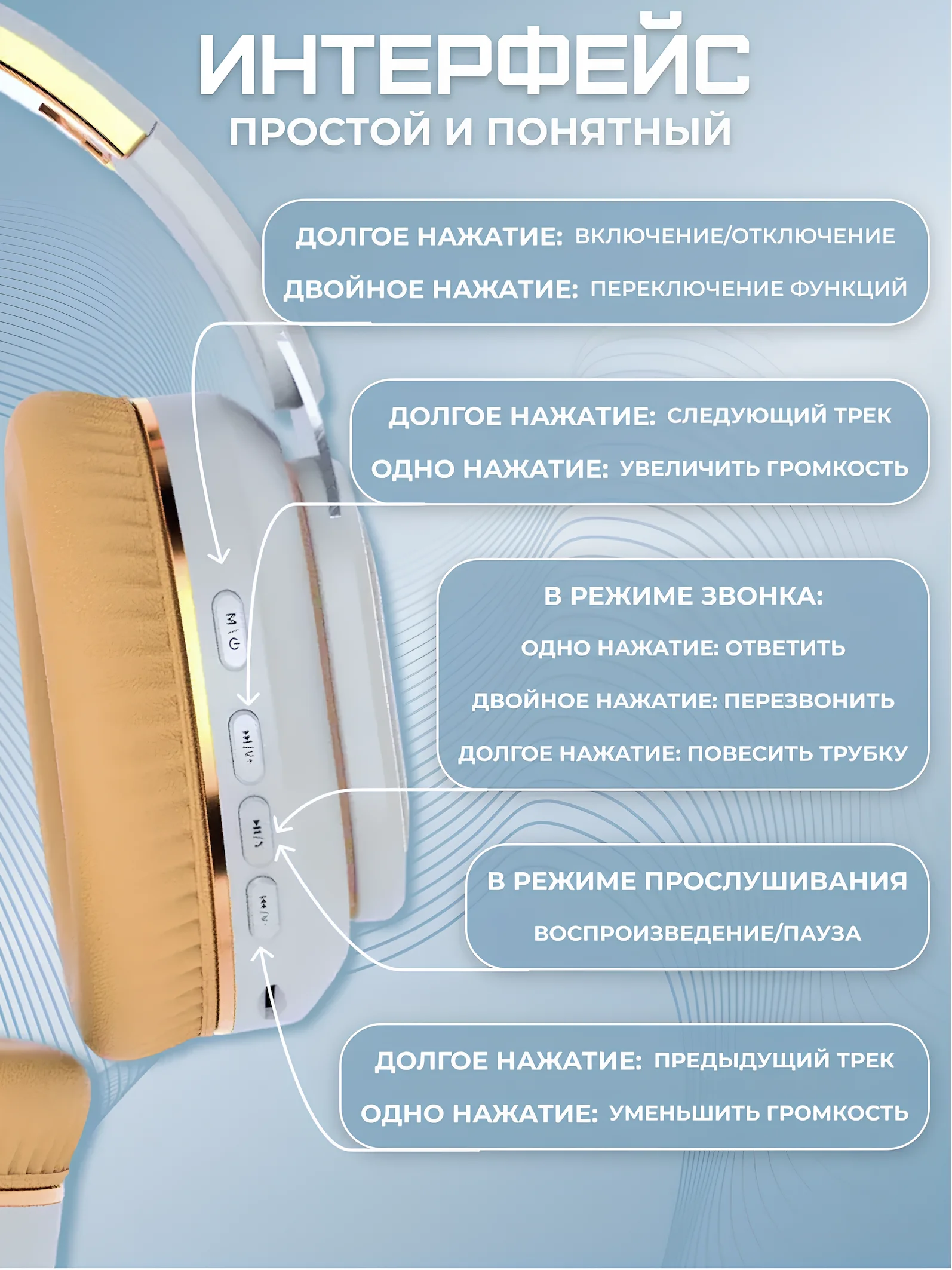 Кремовый беспроводные наушники Sound Wave Pro с микрофоном, Bluetooth