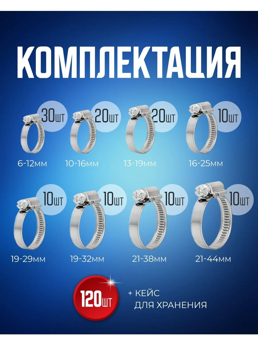 Хомут обжимной металлический червячный набор 8 размеров 120 штук, в пластиковом кейсе