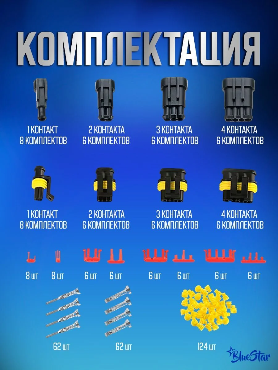 Набор разъемов автомобильных 352 предмета. 1/2/3/4 pin 0,5-2,5 мм2, 26 комплектов